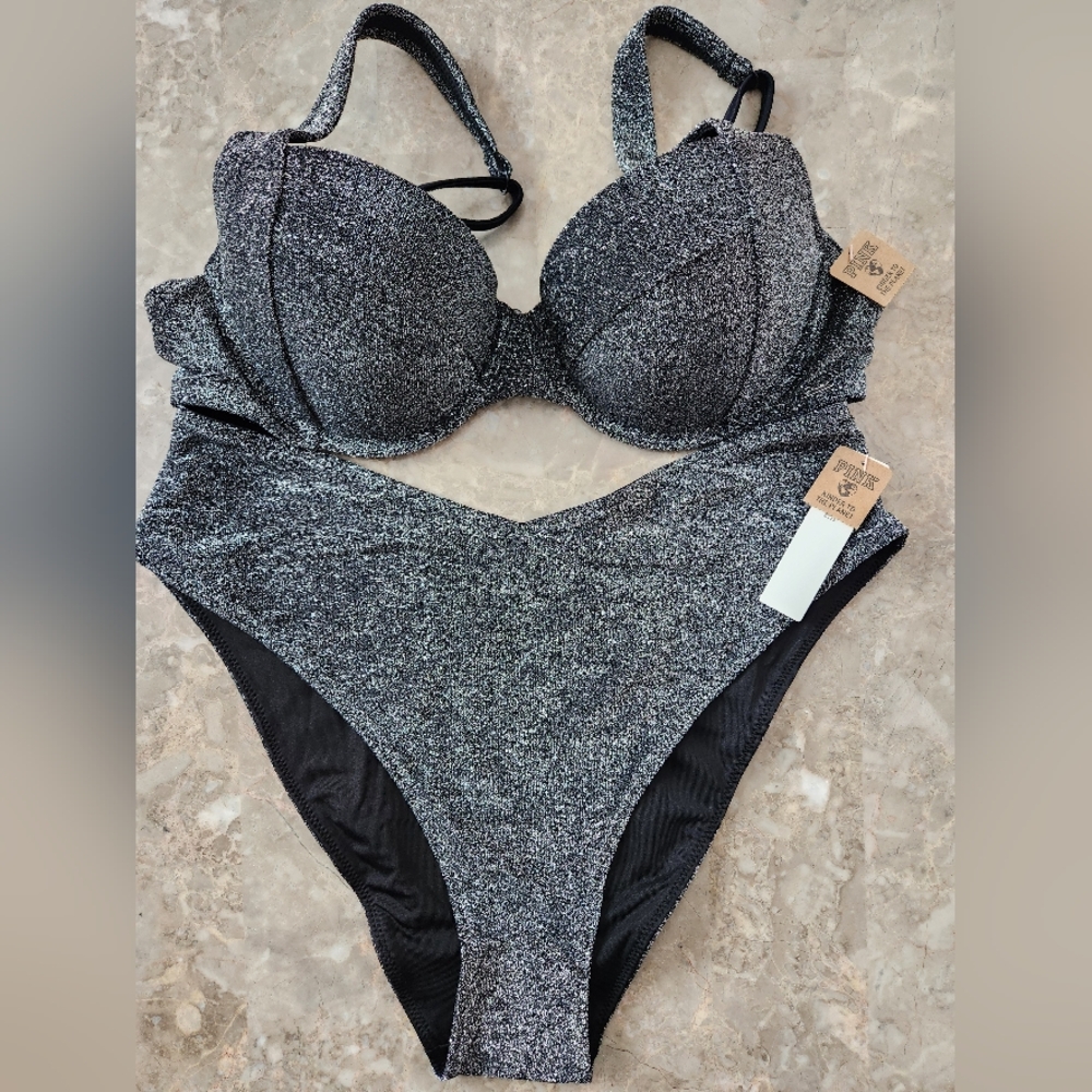 M/M L/M PINK Swim Shimmer PushUp Bikini Top HighWaist Cheeky Bikini Set